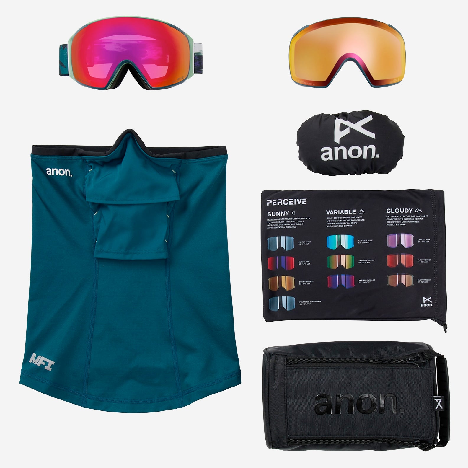 anon m4s goggles (toric) + bonus lens + mfi mask-color-family tree/perceive sunny red